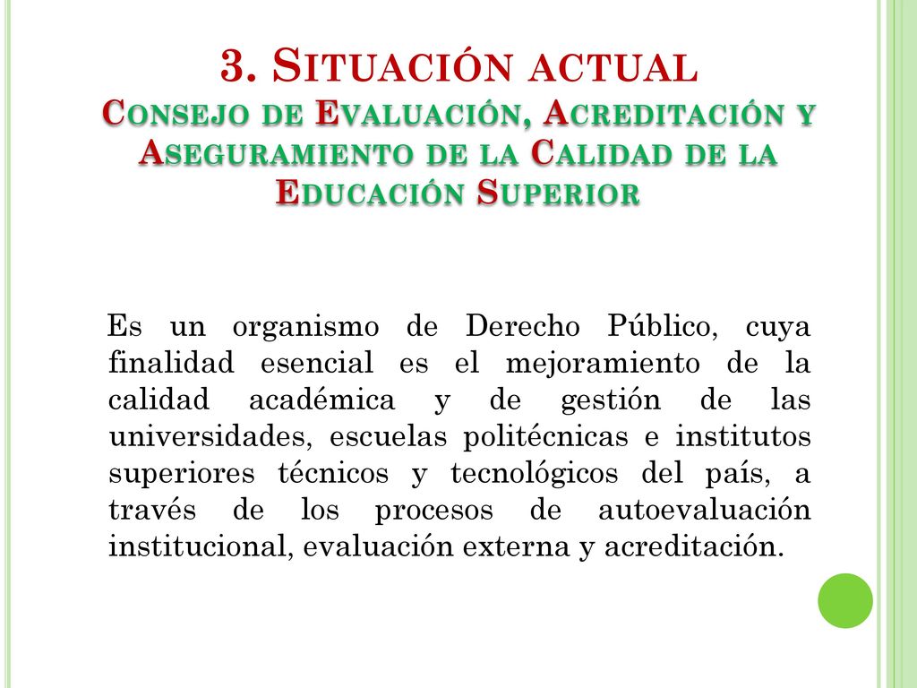 3. Situación actual Consejo de Evaluación, Acreditación y Aseguramiento de la Calidad de la Educación Superior