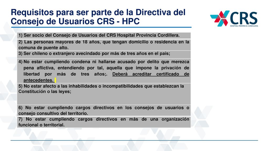 Requisitos para ser parte de la Directiva del Consejo de Usuarios CRS - HPC