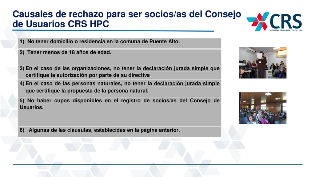 Causales de rechazo para ser socios/as del Consejo de Usuarios CRS HPC