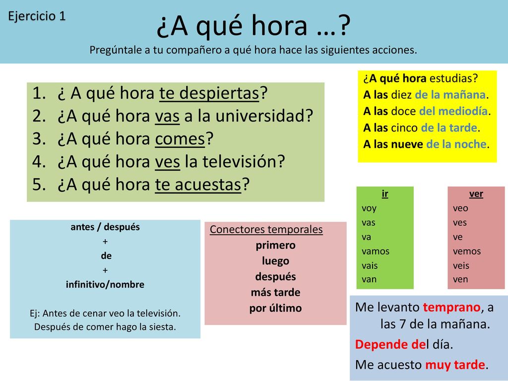 ¿A qué hora … Pregúntale a tu compañero a qué hora hace las siguientes acciones.