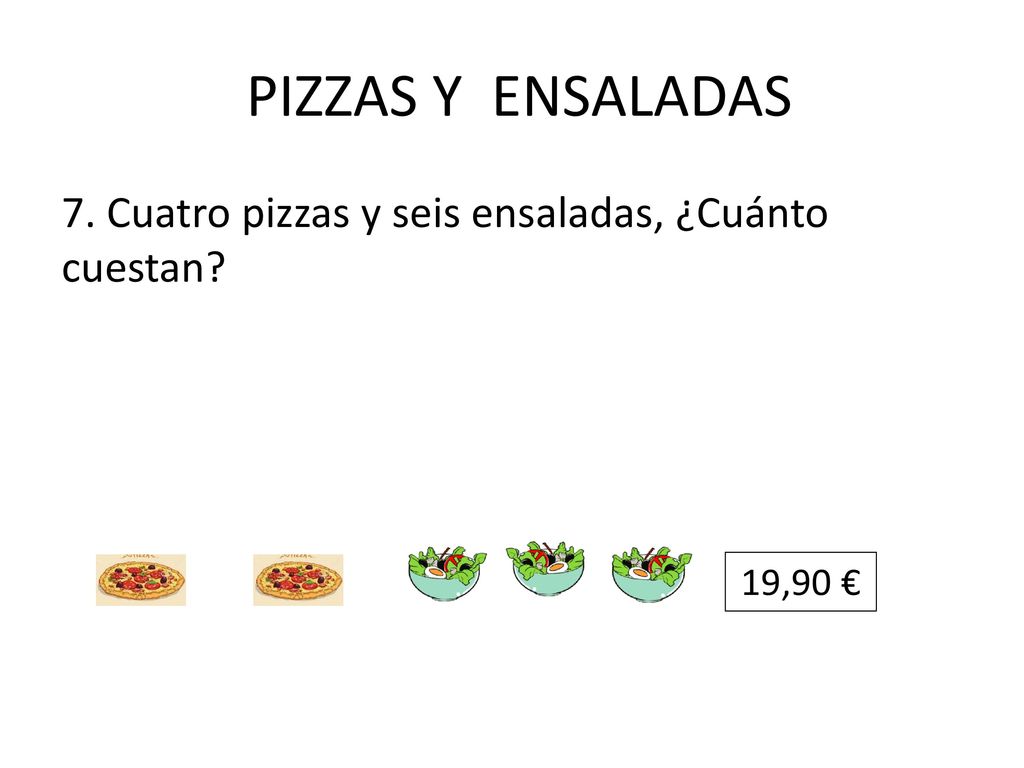PIZZAS Y ENSALADAS 7. Cuatro pizzas y seis ensaladas, ¿Cuánto cuestan