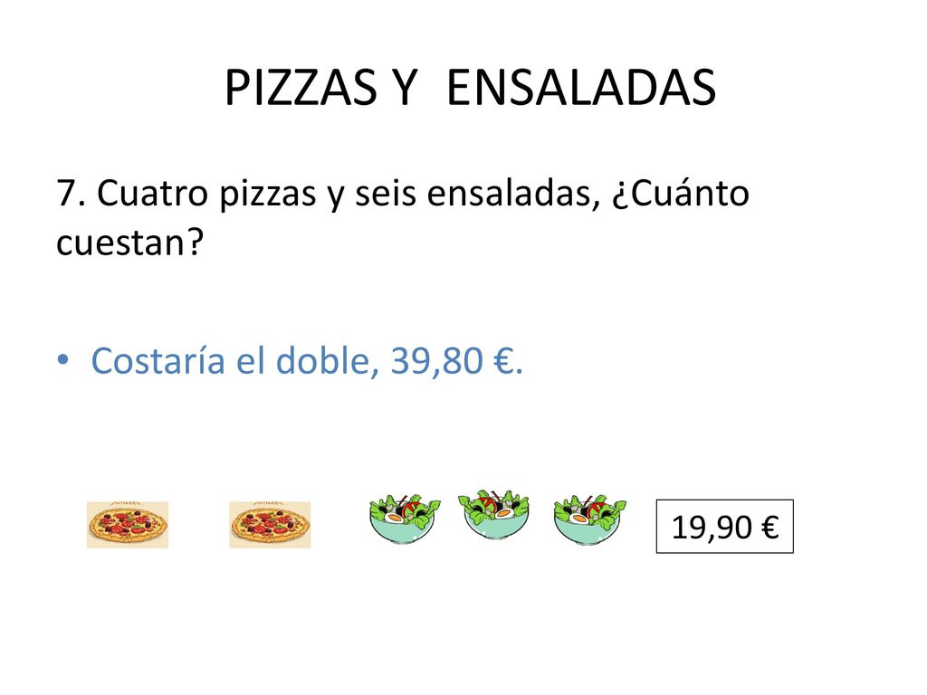 PIZZAS Y ENSALADAS 7. Cuatro pizzas y seis ensaladas, ¿Cuánto cuestan