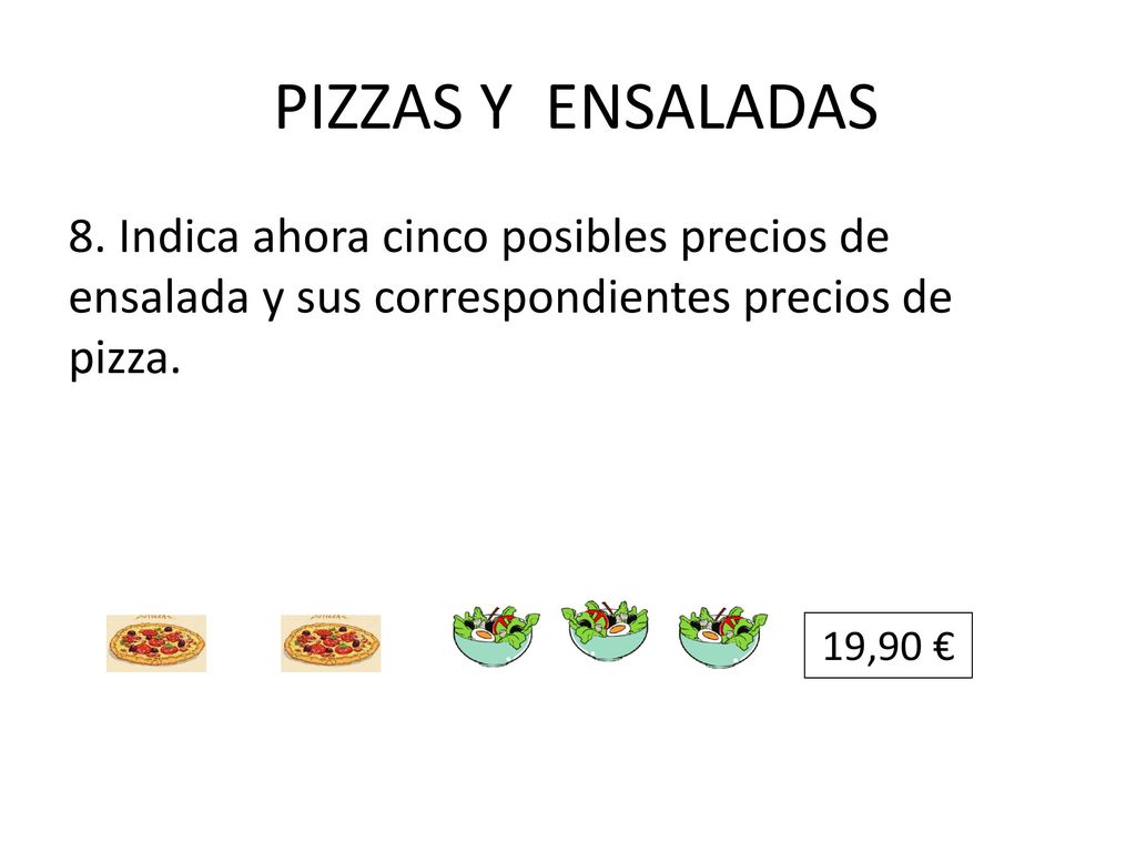 PIZZAS Y ENSALADAS 8. Indica ahora cinco posibles precios de ensalada y sus correspondientes precios de pizza.