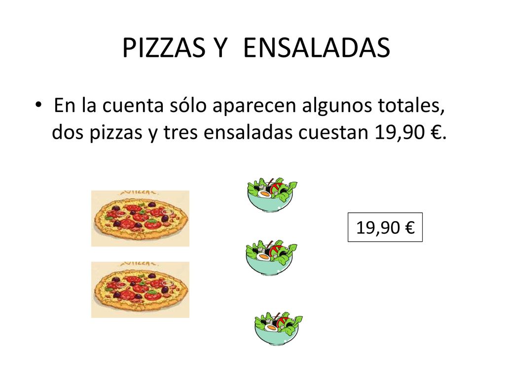 PIZZAS Y ENSALADAS En la cuenta sólo aparecen algunos totales, dos pizzas y tres ensaladas cuestan 19,90 €.