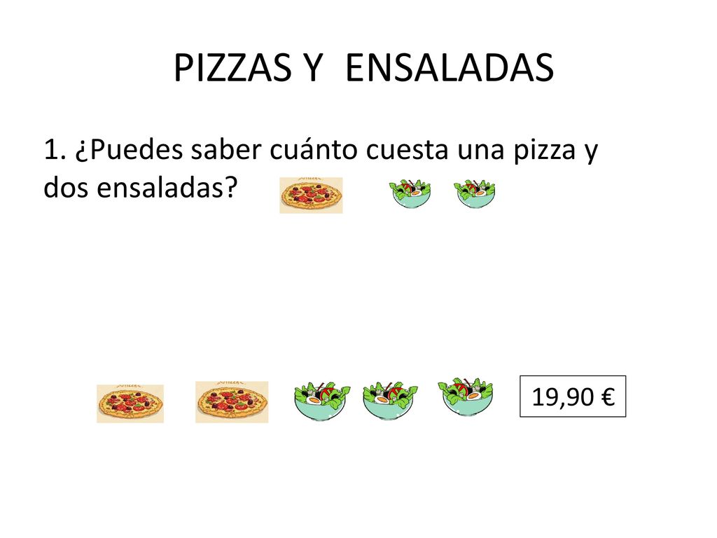 PIZZAS Y ENSALADAS 1. ¿Puedes saber cuánto cuesta una pizza y dos ensaladas 19,90 €