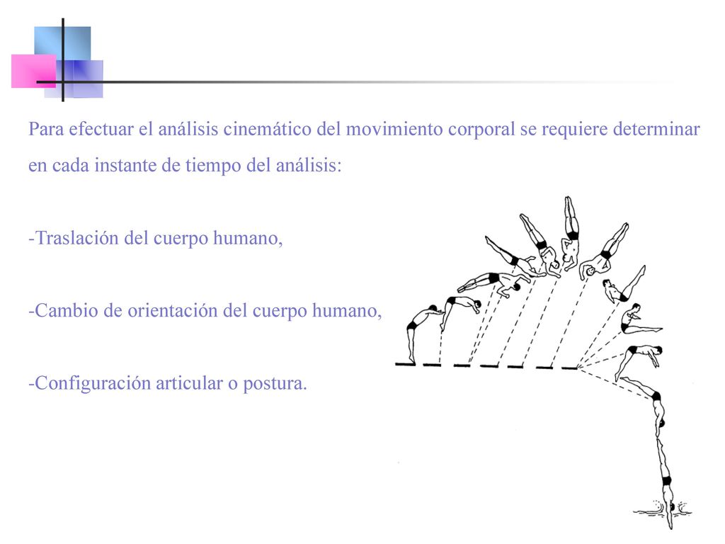 Para efectuar el análisis cinemático del movimiento corporal se requiere determinar en cada instante de tiempo del análisis: