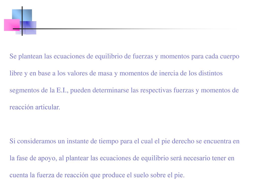 Se plantean las ecuaciones de equilibrio de fuerzas y momentos para cada cuerpo libre y en base a los valores de masa y momentos de inercia de los distintos segmentos de la E.I., pueden determinarse las respectivas fuerzas y momentos de reacción articular.
