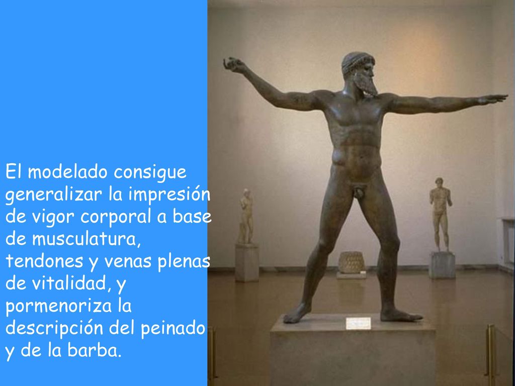 El modelado consigue generalizar la impresión de vigor corporal a base de musculatura, tendones y venas plenas de vitalidad, y pormenoriza la descripción del peinado y de la barba.