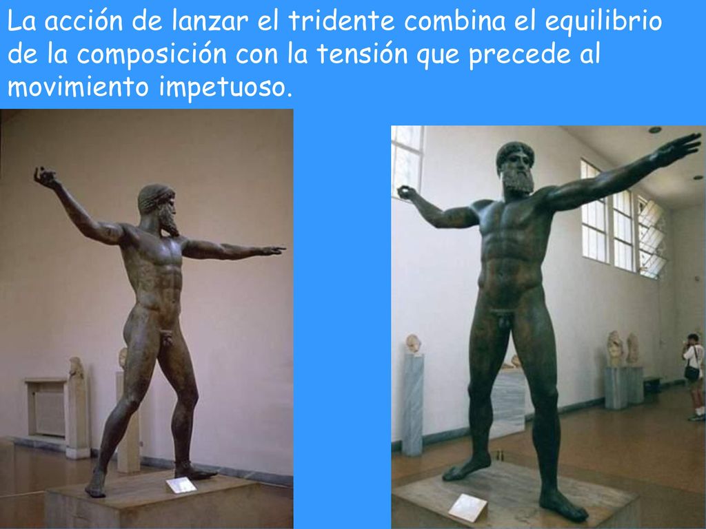 La acción de lanzar el tridente combina el equilibrio de la composición con la tensión que precede al movimiento impetuoso.