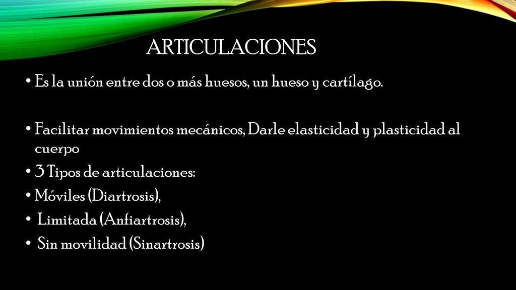 Articulaciones Es la unión entre dos o más huesos, un hueso y cartílago. Facilitar movimientos mecánicos, Darle elasticidad y plasticidad al cuerpo.