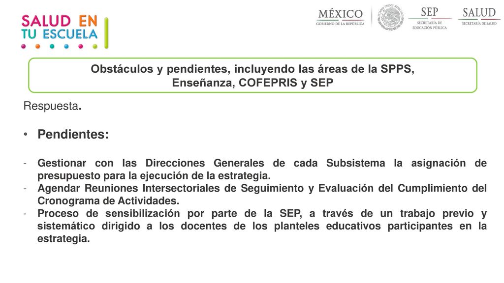 Pendientes: Obstáculos y pendientes, incluyendo las áreas de la SPPS,