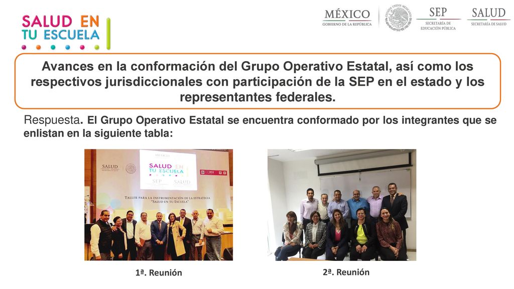 Avances en la conformación del Grupo Operativo Estatal, así como los respectivos jurisdiccionales con participación de la SEP en el estado y los representantes federales.