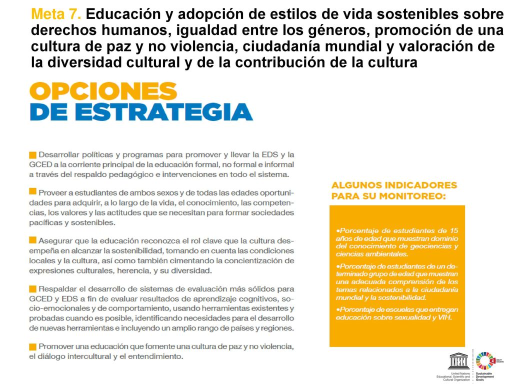Meta 7. Educación y adopción de estilos de vida sostenibles sobre derechos humanos, igualdad entre los géneros, promoción de una cultura de paz y no violencia, ciudadanía mundial y valoración de la diversidad cultural y de la contribución de la cultura