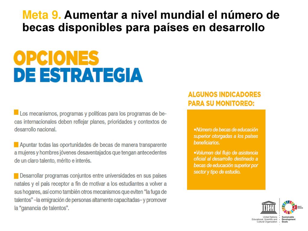 Meta 9. Aumentar a nivel mundial el número de becas disponibles para países en desarrollo