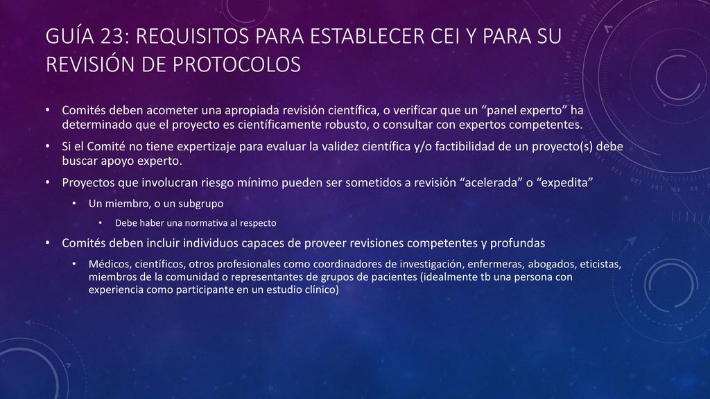 Guía 23: Requisitos para establecer CEI y para su revisión de protocolos