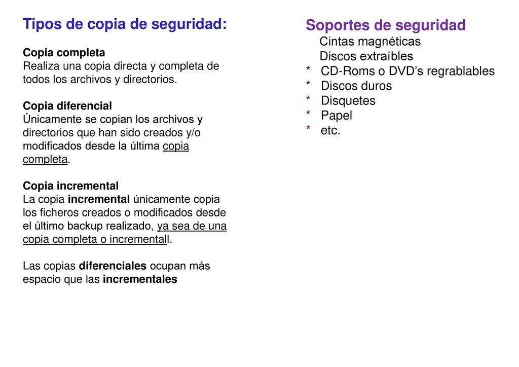 Tipos de copia de seguridad: Soportes de seguridad