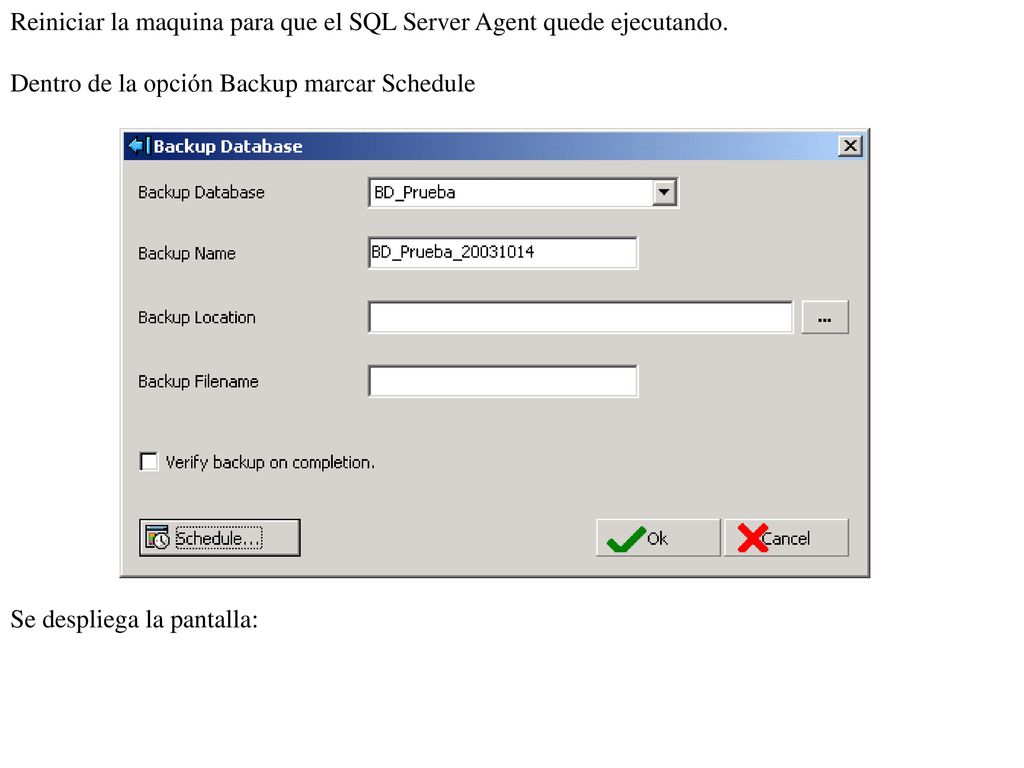 Reiniciar la maquina para que el SQL Server Agent quede ejecutando.