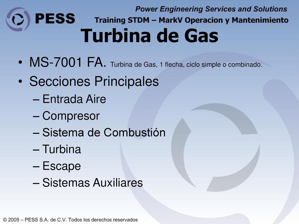 Turbina de Gas MS-7001 FA. Turbina de Gas, 1 flecha, ciclo simple o combinado. Secciones Principales.