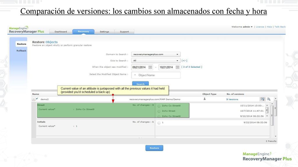 Comparación de versiones: los cambios son almacenados con fecha y hora