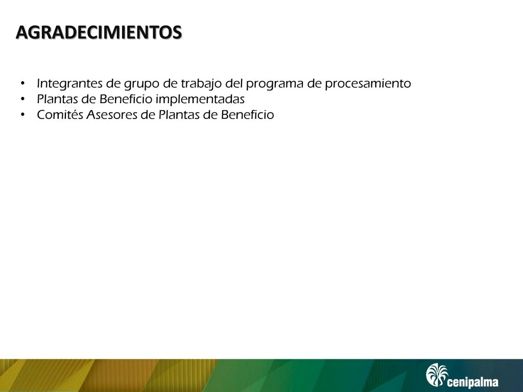 AGRADECIMIENTOS Titulo. Integrantes de grupo de trabajo del programa de procesamiento. Plantas de Beneficio implementadas.