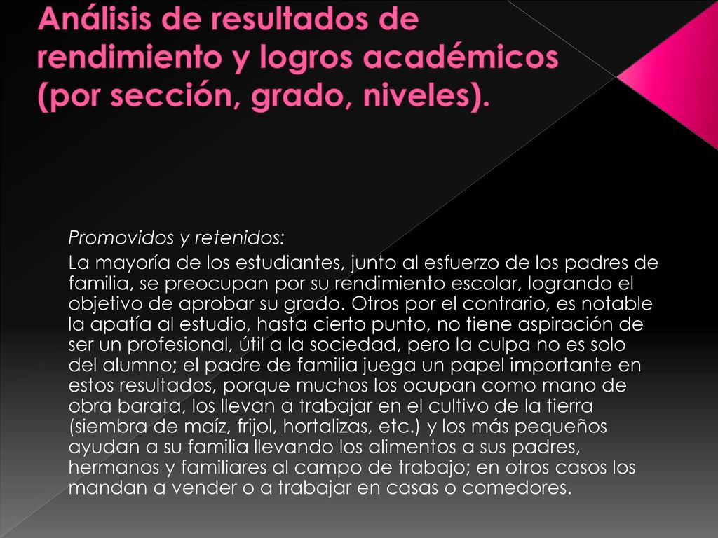 Análisis de resultados de rendimiento y logros académicos (por sección, grado, niveles).