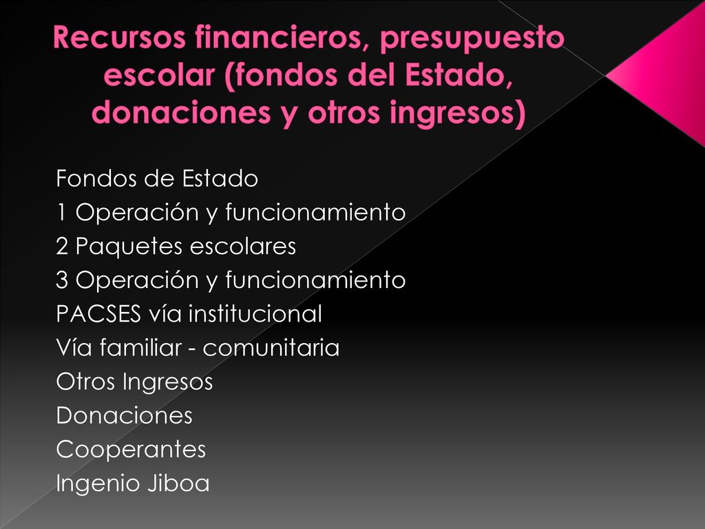 Recursos financieros, presupuesto escolar (fondos del Estado, donaciones y otros ingresos)