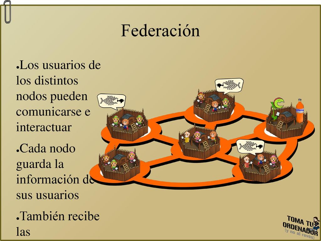 Federación Los usuarios de los distintos nodos pueden comunicarse e interactuar. Cada nodo guarda la información de sus usuarios.