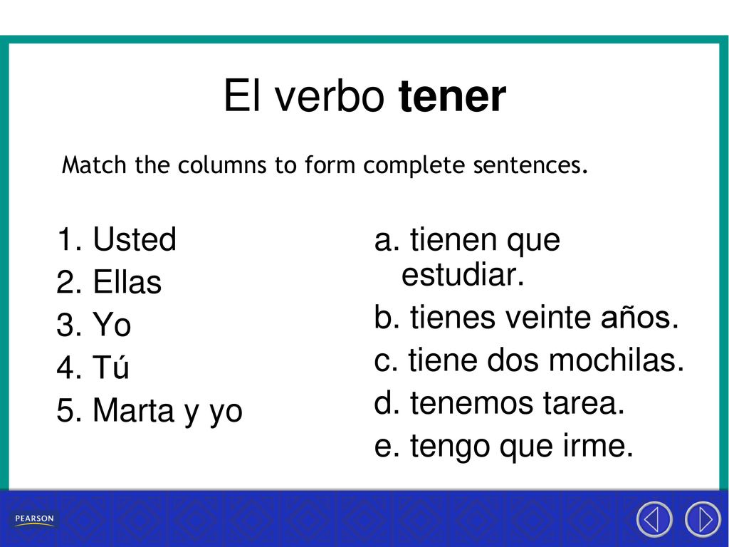 El verbo tener Match the columns to form complete sentences.