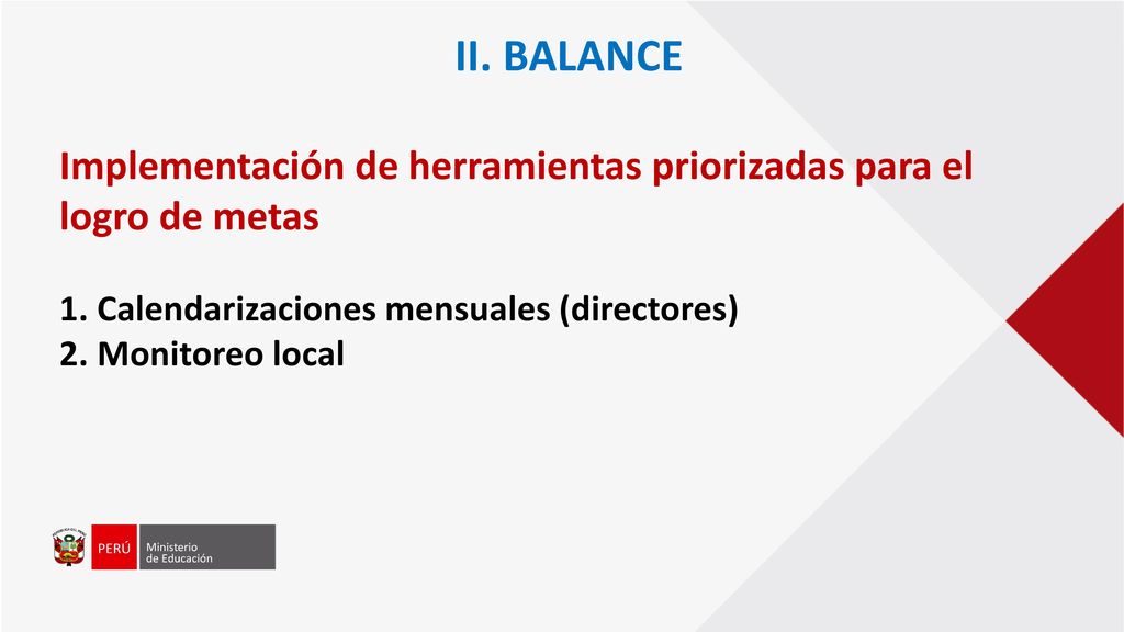 II. BALANCE Implementación de herramientas priorizadas para el logro de metas. 1. Calendarizaciones mensuales (directores)