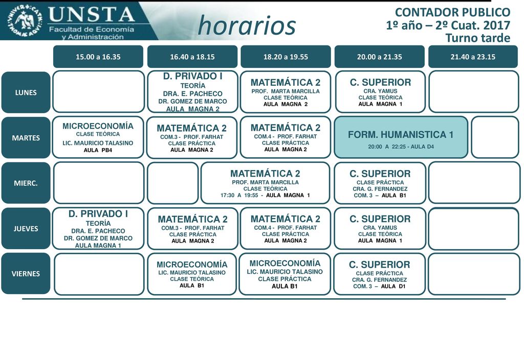 horarios CONTADOR PUBLICO 1º año – 2º Cuat Turno tarde