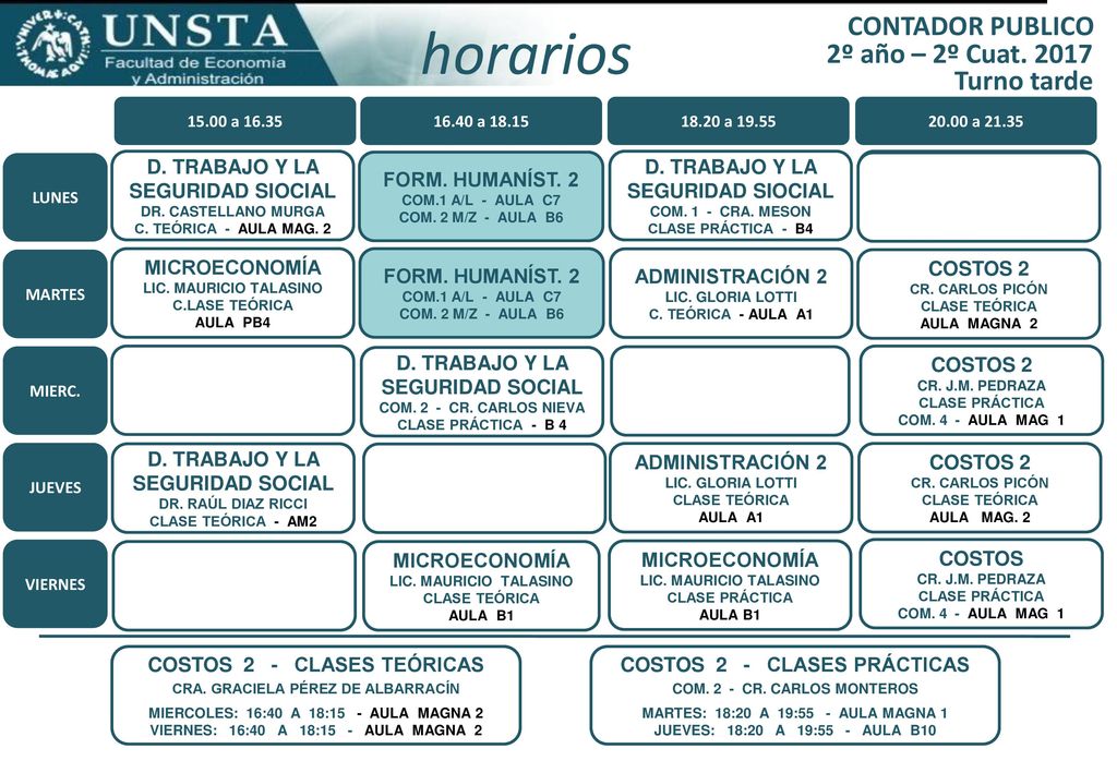 horarios CONTADOR PUBLICO 2º año – 2º Cuat Turno tarde