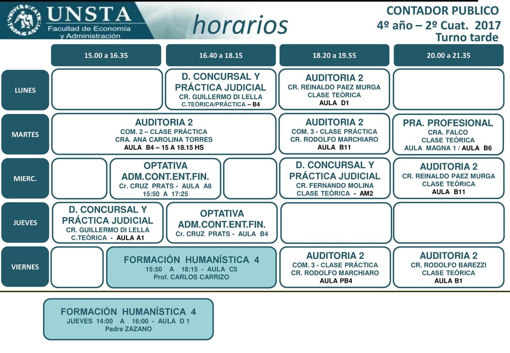 horarios CONTADOR PUBLICO 4º año – 2º Cuat Turno tarde