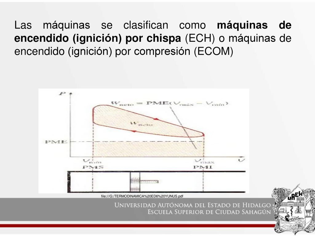 Las máquinas se clasifican como máquinas de encendido (ignición) por chispa (ECH) o máquinas de encendido (ignición) por compresión (ECOM)