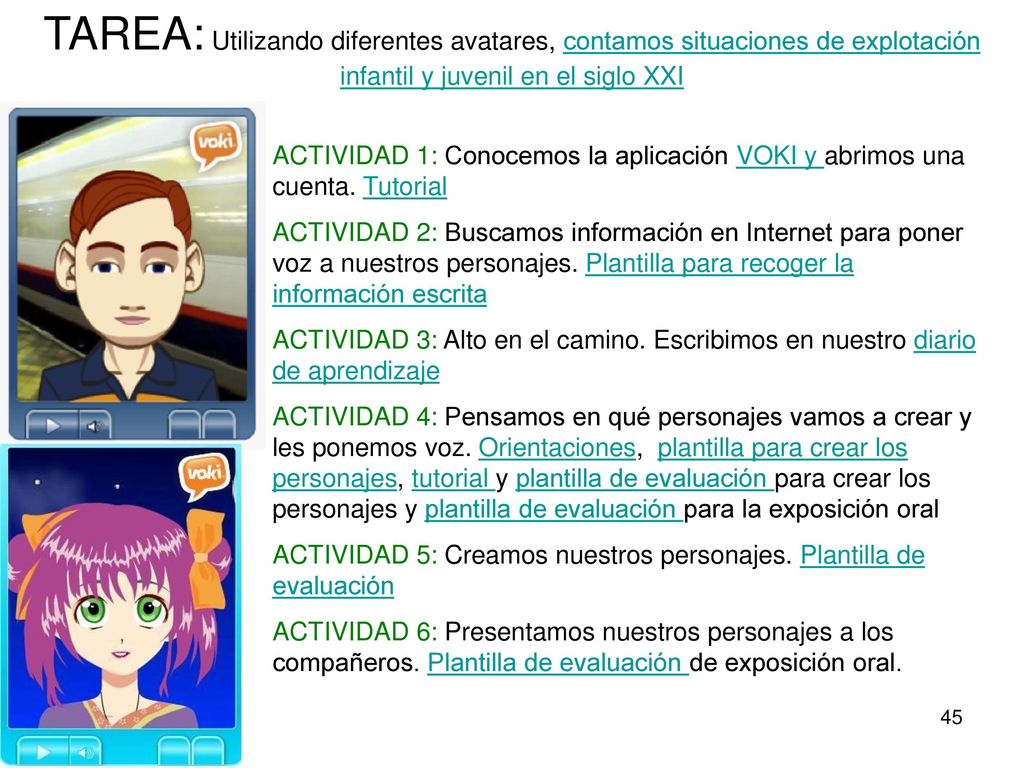 TAREA: Utilizando diferentes avatares, contamos situaciones de explotación infantil y juvenil en el siglo XXI