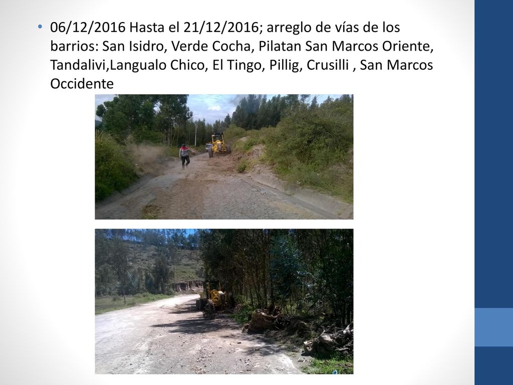 06/12/2016 Hasta el 21/12/2016; arreglo de vías de los barrios: San Isidro, Verde Cocha, Pilatan San Marcos Oriente, Tandalivi,Langualo Chico, El Tingo, Pillig, Crusilli , San Marcos Occidente