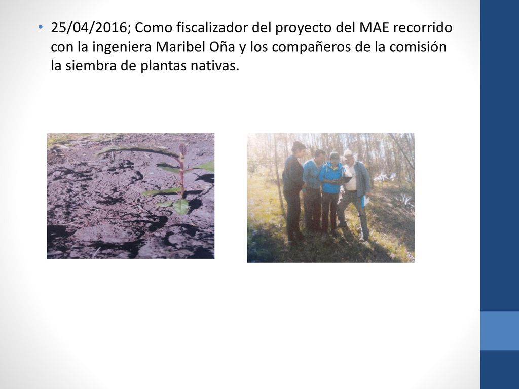 25/04/2016; Como fiscalizador del proyecto del MAE recorrido con la ingeniera Maribel Oña y los compañeros de la comisión la siembra de plantas nativas.