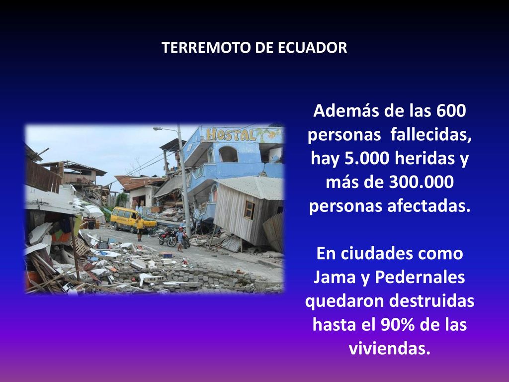 TERREMOTO DE ECUADOR Además de las 600 personas fallecidas, hay heridas y más de personas afectadas.