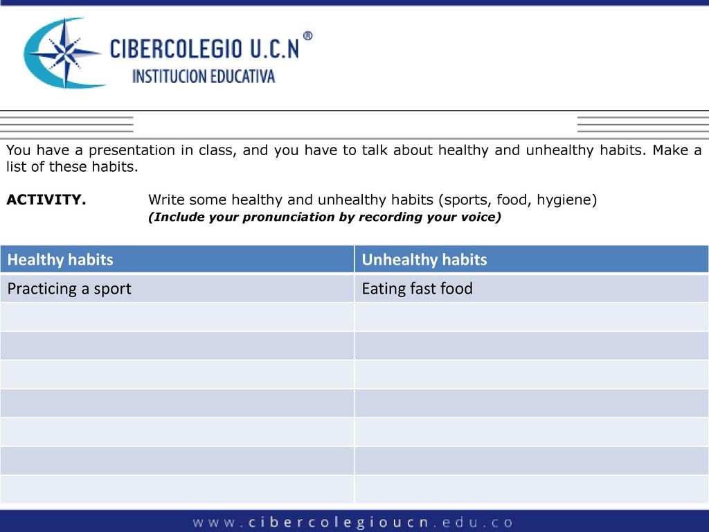 Healthy habits Unhealthy habits Practicing a sport Eating fast food