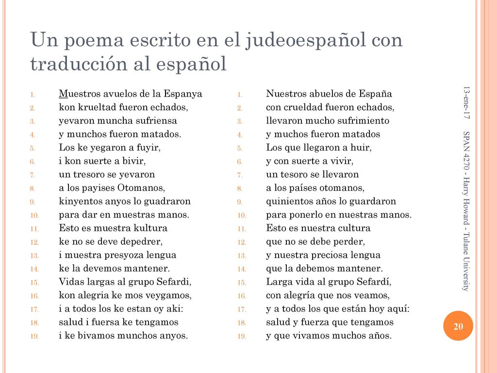 Un poema escrito en el judeoespañol con traducción al español