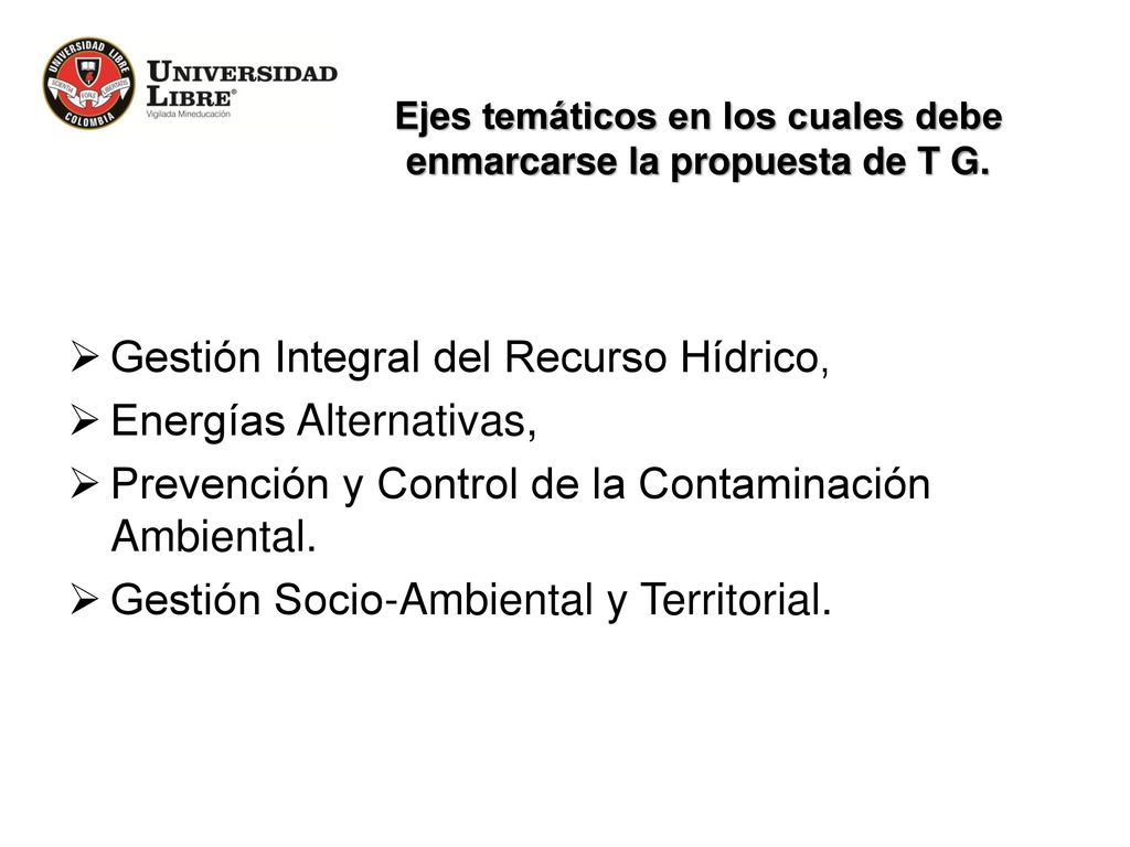 Ejes temáticos en los cuales debe enmarcarse la propuesta de T G.