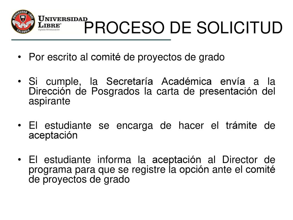 PROCESO DE SOLICITUD Por escrito al comité de proyectos de grado