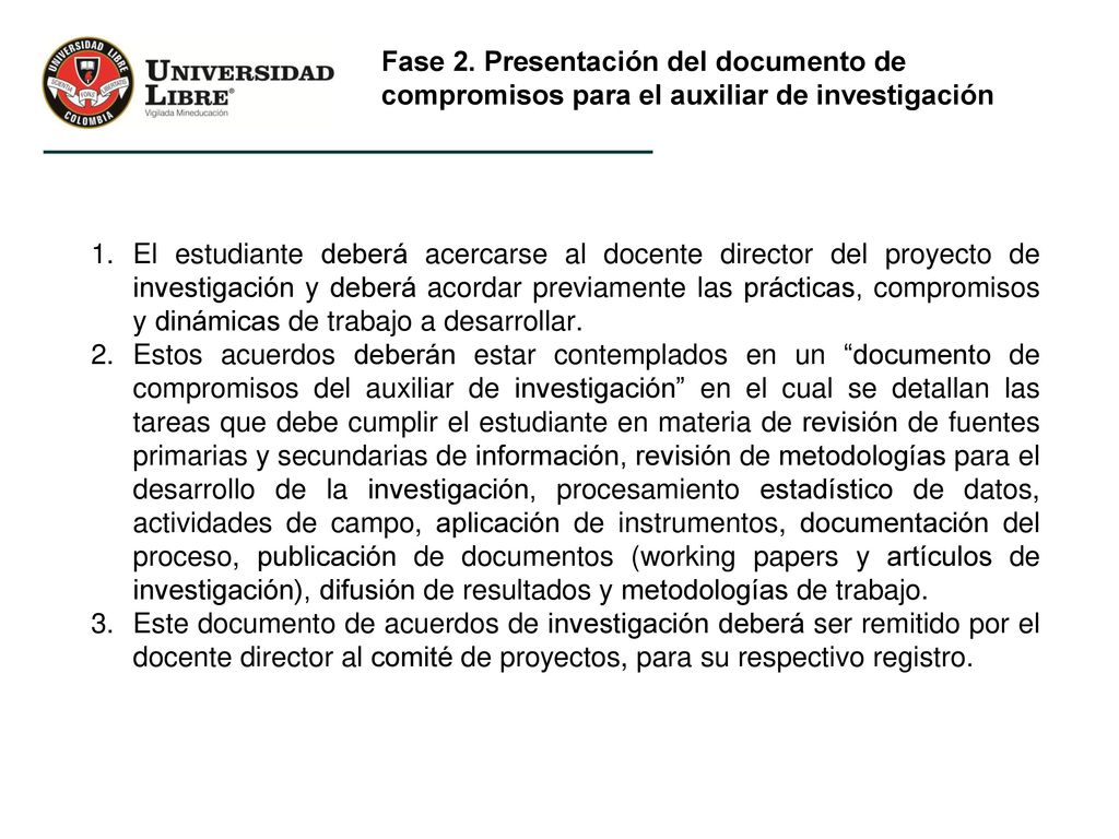 Fase 2. Presentación del documento de compromisos para el auxiliar de investigación