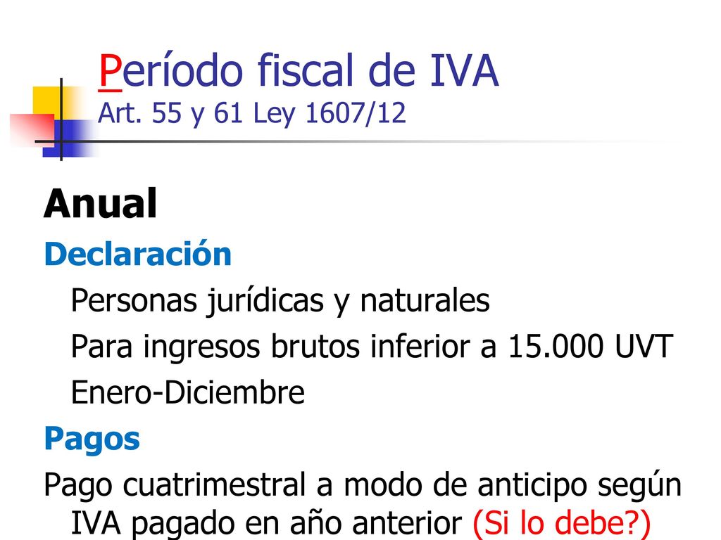 Período fiscal de IVA Art. 55 y 61 Ley 1607/12