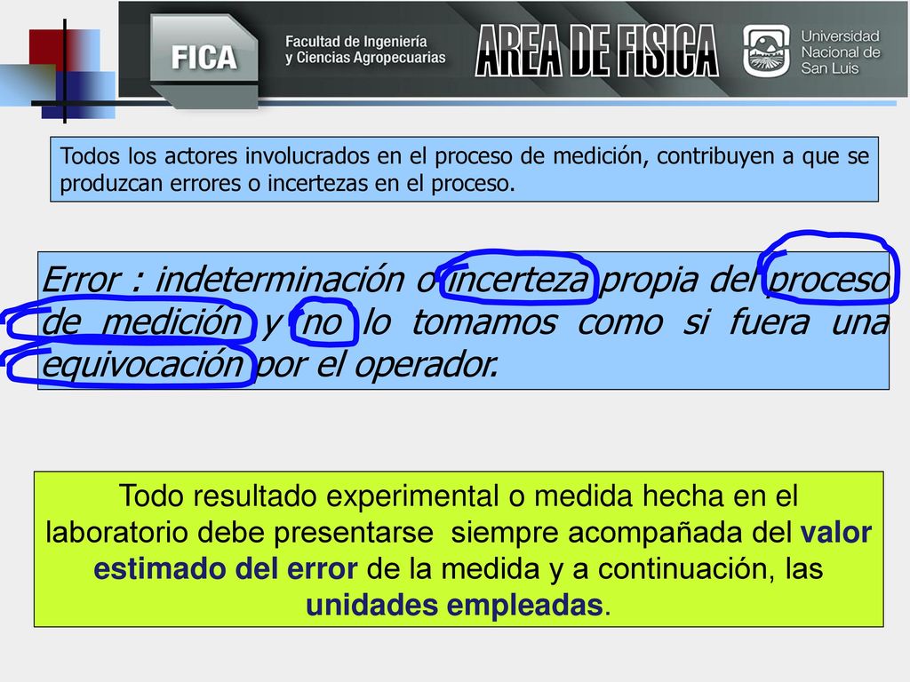 AREA DE FISICA Todos los actores involucrados en el proceso de medición, contribuyen a que se produzcan errores o incertezas en el proceso.