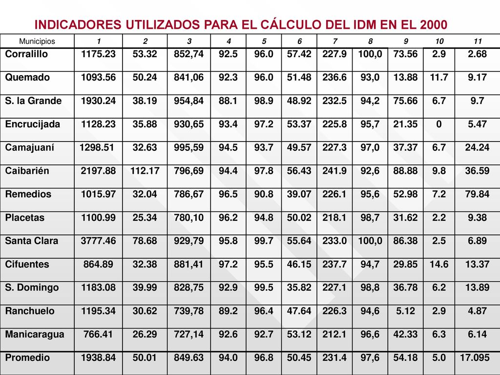 INDICADORES UTILIZADOS PARA EL CÁLCULO DEL IDM EN EL 2000
