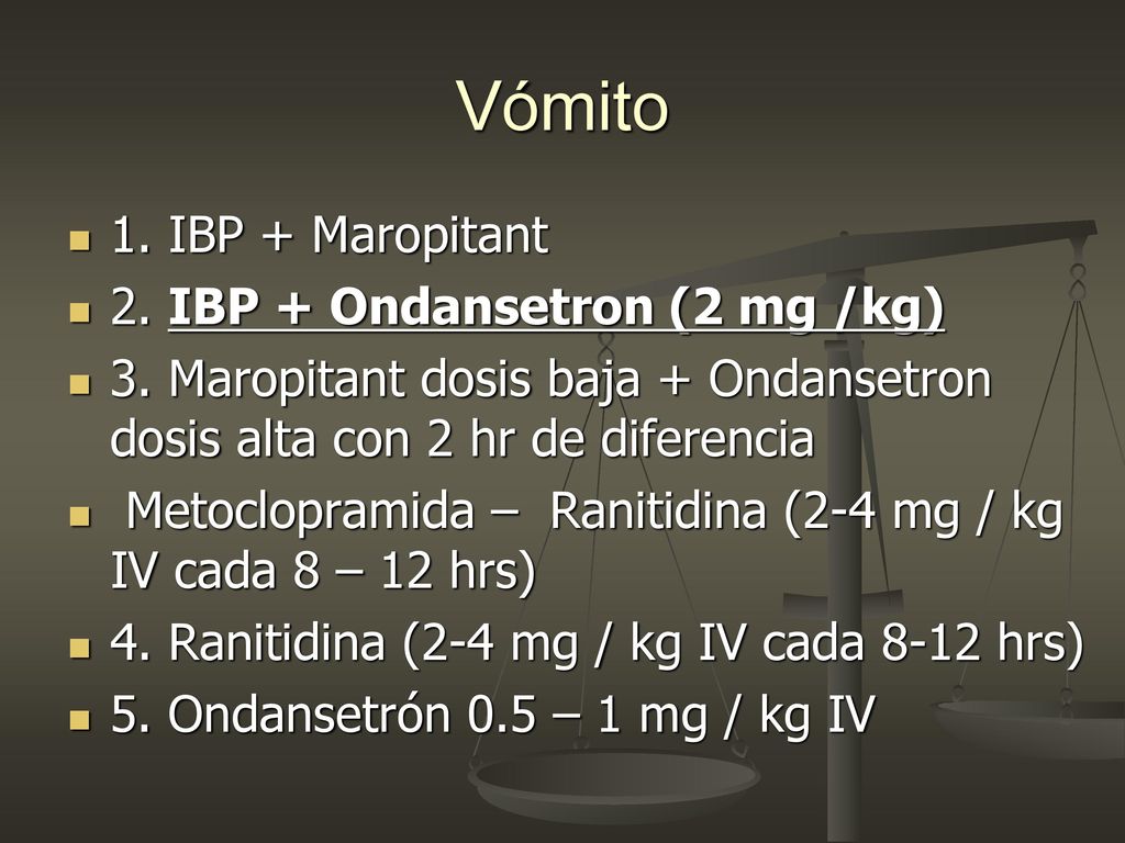 Vómito 1. IBP + Maropitant 2. IBP + Ondansetron (2 mg /kg)