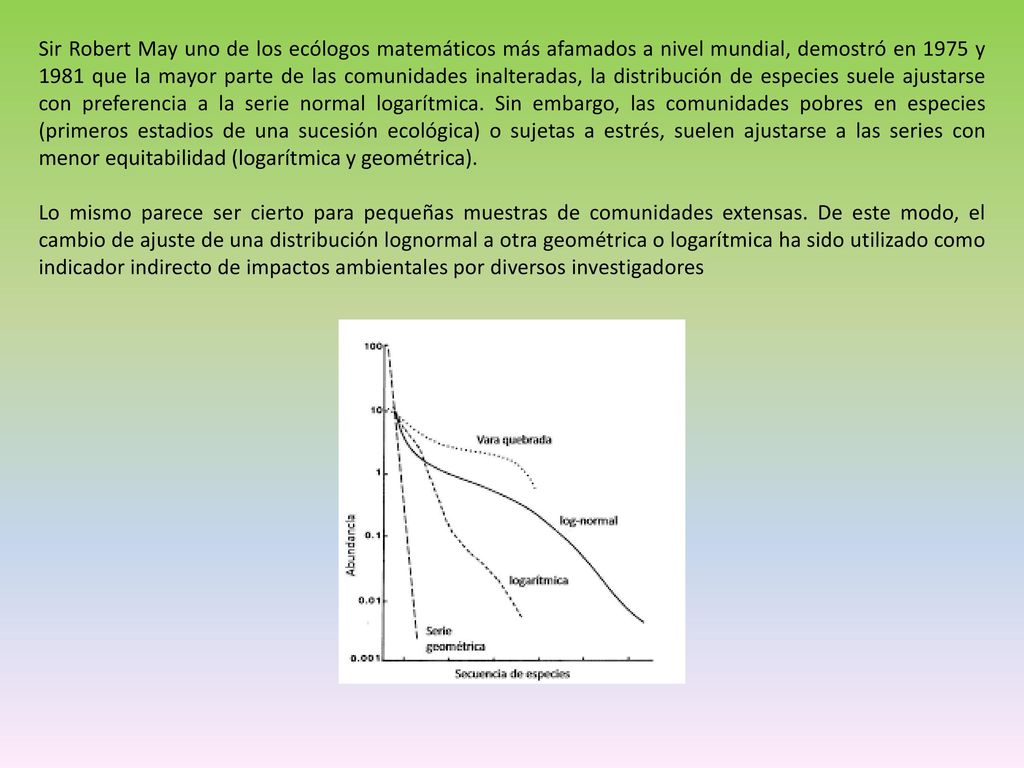 Sir Robert May uno de los ecólogos matemáticos más afamados a nivel mundial, demostró en 1975 y 1981 que la mayor parte de las comunidades inalteradas, la distribución de especies suele ajustarse con preferencia a la serie normal logarítmica. Sin embargo, las comunidades pobres en especies (primeros estadios de una sucesión ecológica) o sujetas a estrés, suelen ajustarse a las series con menor equitabilidad (logarítmica y geométrica).