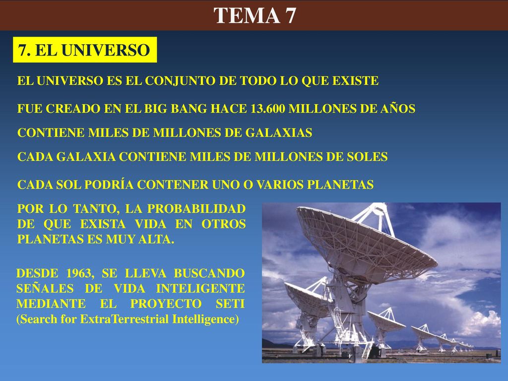 TEMA 7 7. EL UNIVERSO EL UNIVERSO ES EL CONJUNTO DE TODO LO QUE EXISTE