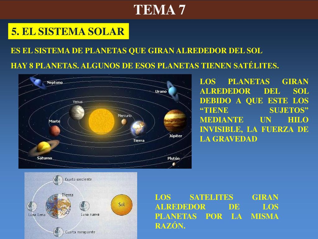 TEMA 7 5. EL SISTEMA SOLAR. ES EL SISTEMA DE PLANETAS QUE GIRAN ALREDEDOR DEL SOL. HAY 8 PLANETAS. ALGUNOS DE ESOS PLANETAS TIENEN SATÉLITES.