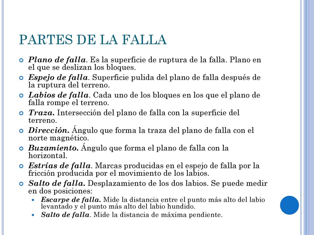 PARTES DE LA FALLA Plano de falla. Es la superficie de ruptura de la falla. Plano en el que se deslizan los bloques.